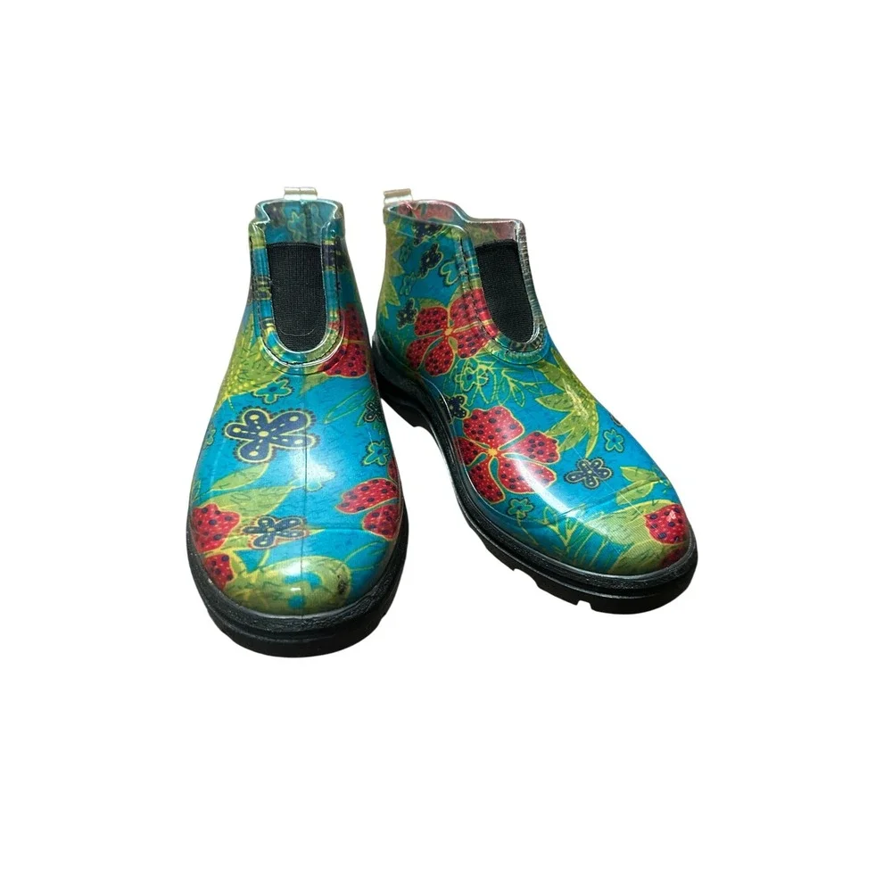 Sloggers Women Blue Floral Waterproof Rubber Garden Rain Ankle Boots Size 9